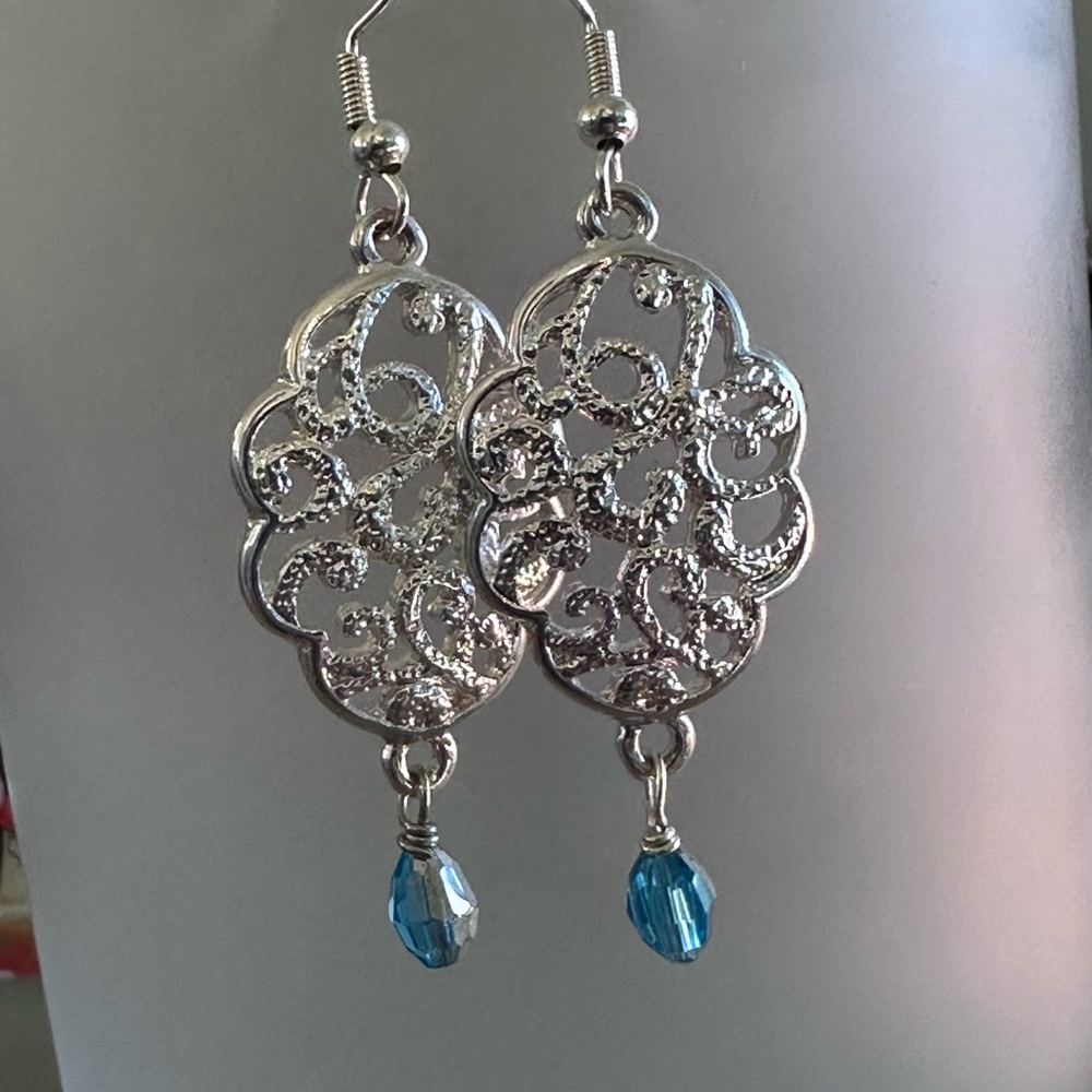 Intricate Silver Earrings with Blue Accent - Picture 2 of 5
